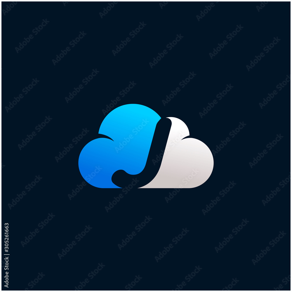 Poster initial letter j negative space in sky cloud, technology hosting domain blockchain server logo desig