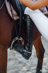 Girl rider ready for climbs, woman legs in boots with horse in the forest.