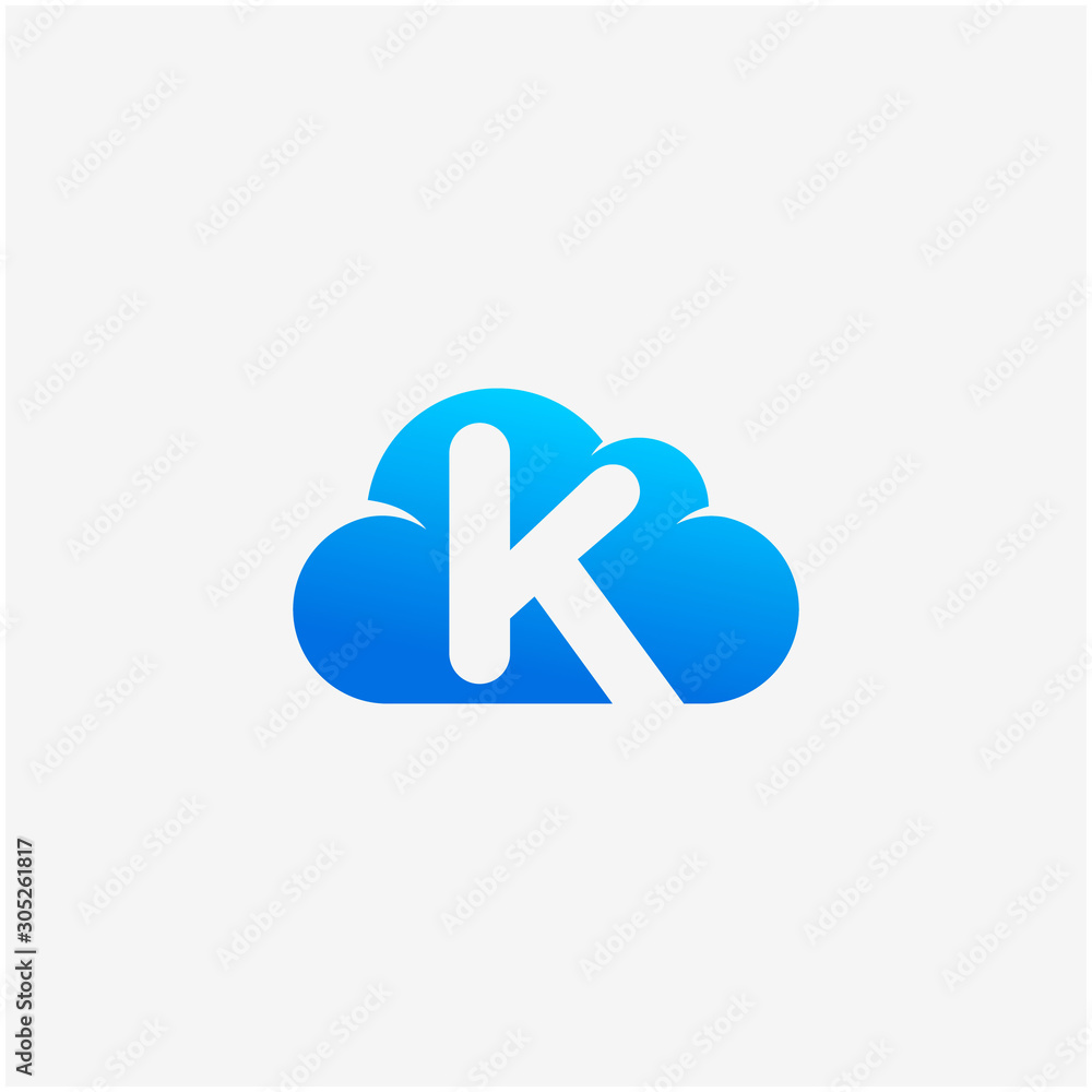 Poster initial letter k negative space in sky cloud, technology hosting domain blockchain server logo desig