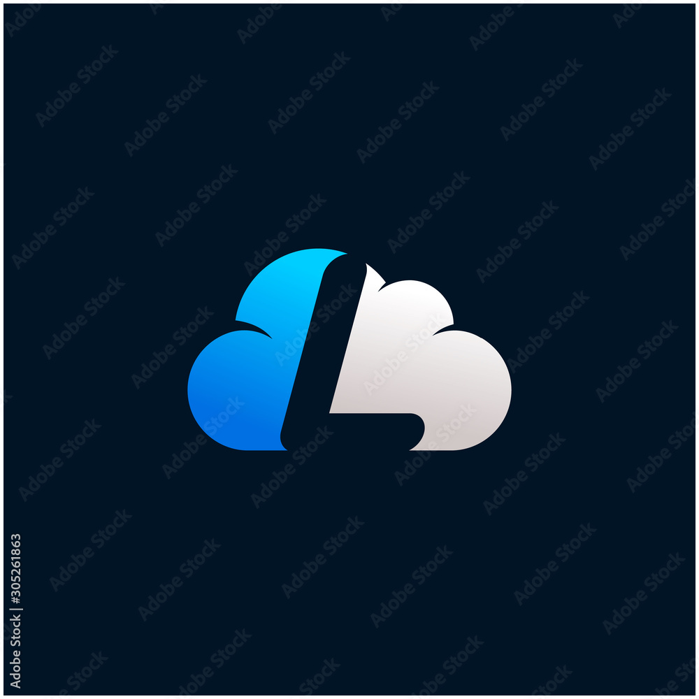 Poster initial letter l negative space in sky cloud, technology hosting domain blockchain server logo desig