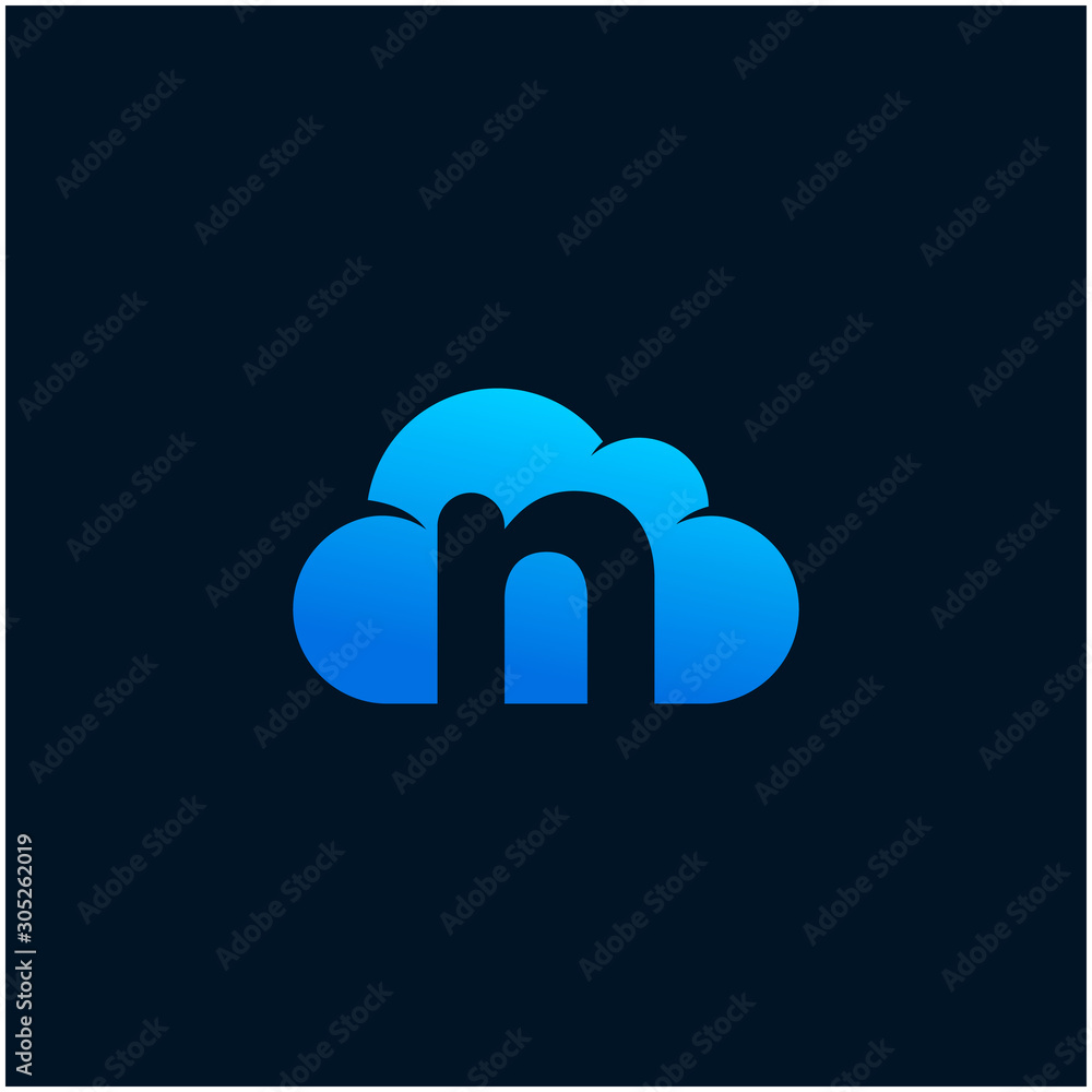 Poster initial letter n negative space in sky cloud, technology hosting domain blockchain server logo desig