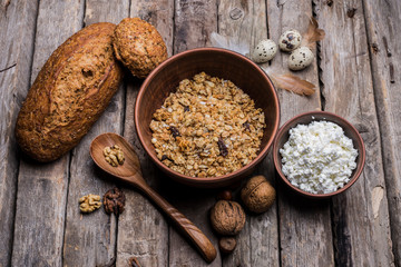 breakfast, oatmeal, eggs, wooden background