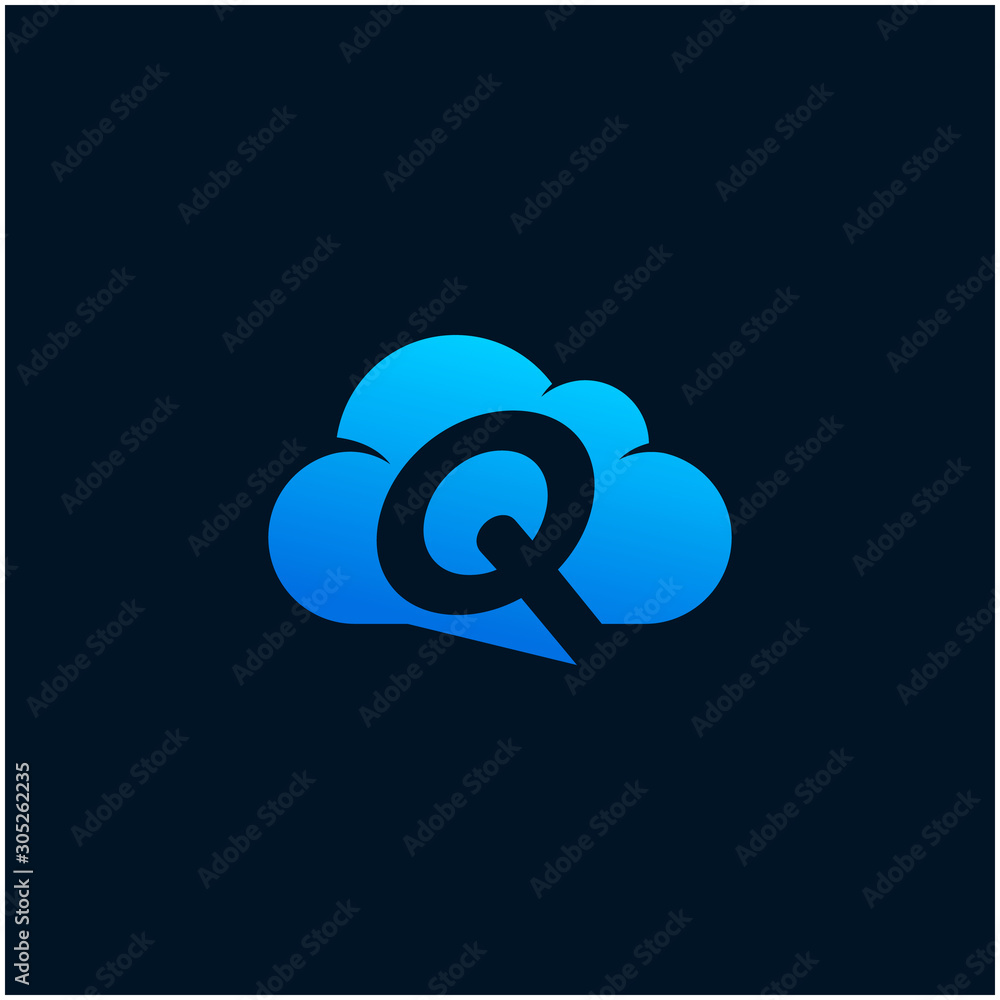 Poster initial letter q negative space in sky cloud, technology hosting domain blockchain server logo desig
