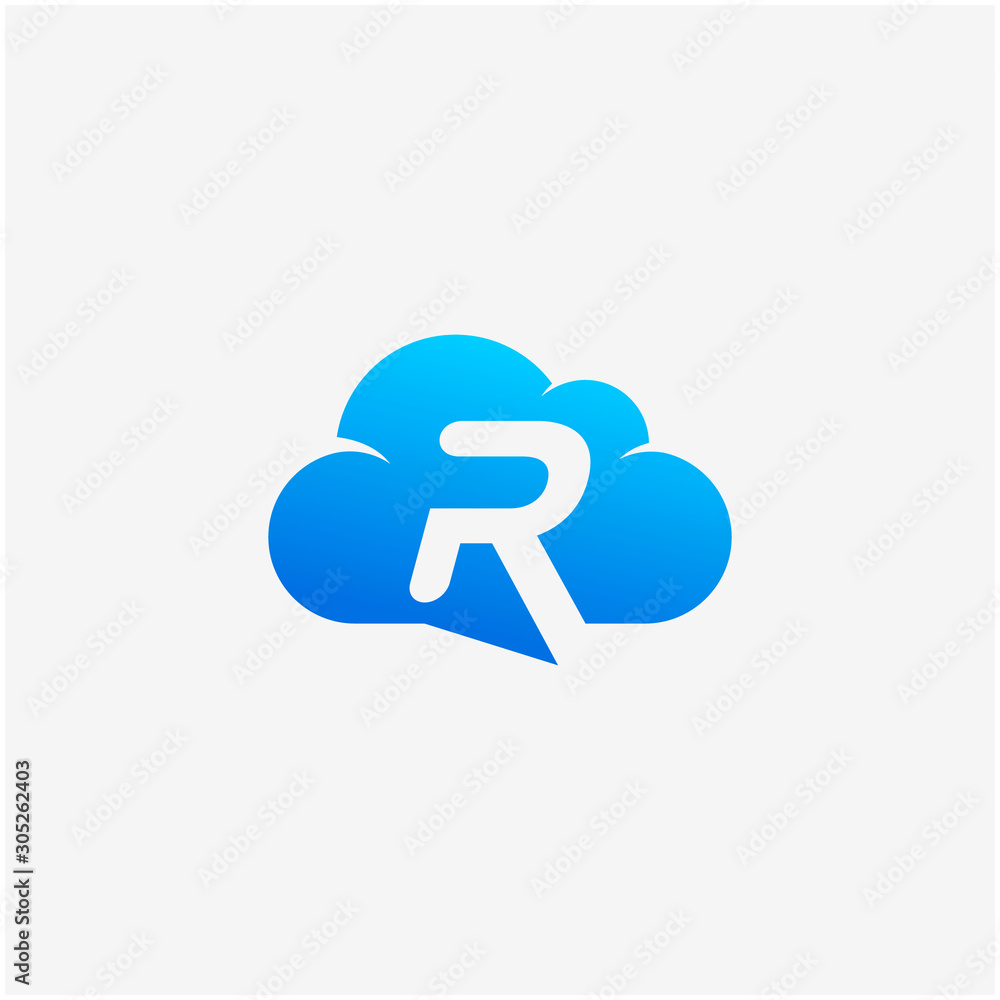 Poster initial letter r negative space in sky cloud, technology hosting domain blockchain server logo desig