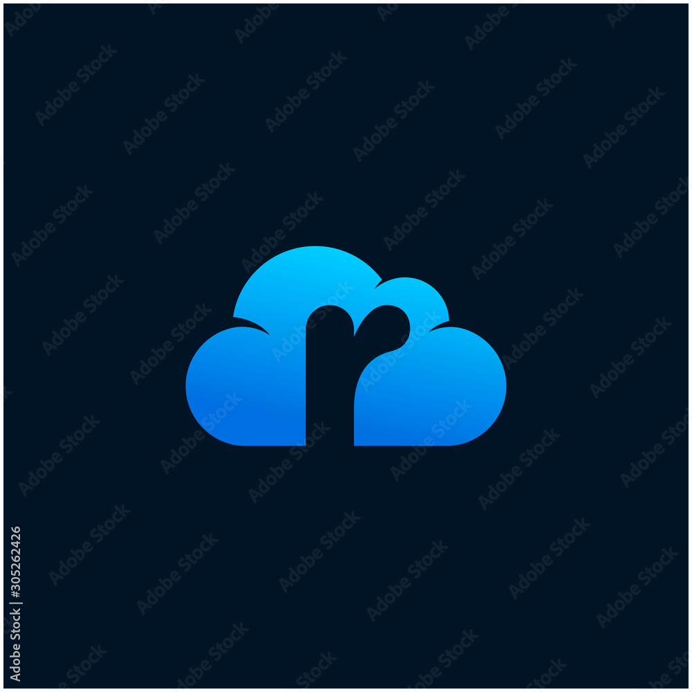 Poster initial letter r negative space in sky cloud, technology hosting domain blockchain server logo desig