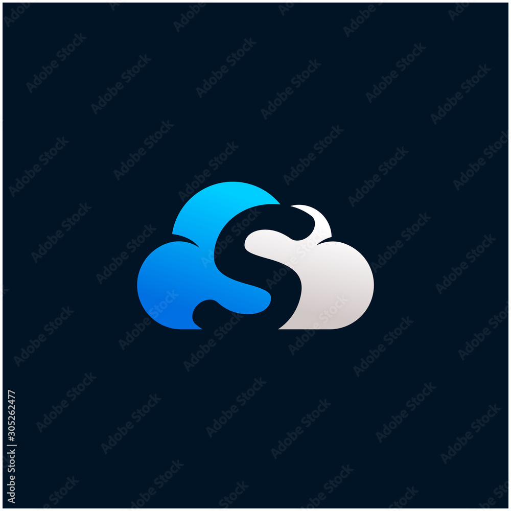Poster initial letter s negative space in sky cloud, technology hosting domain blockchain server logo desig