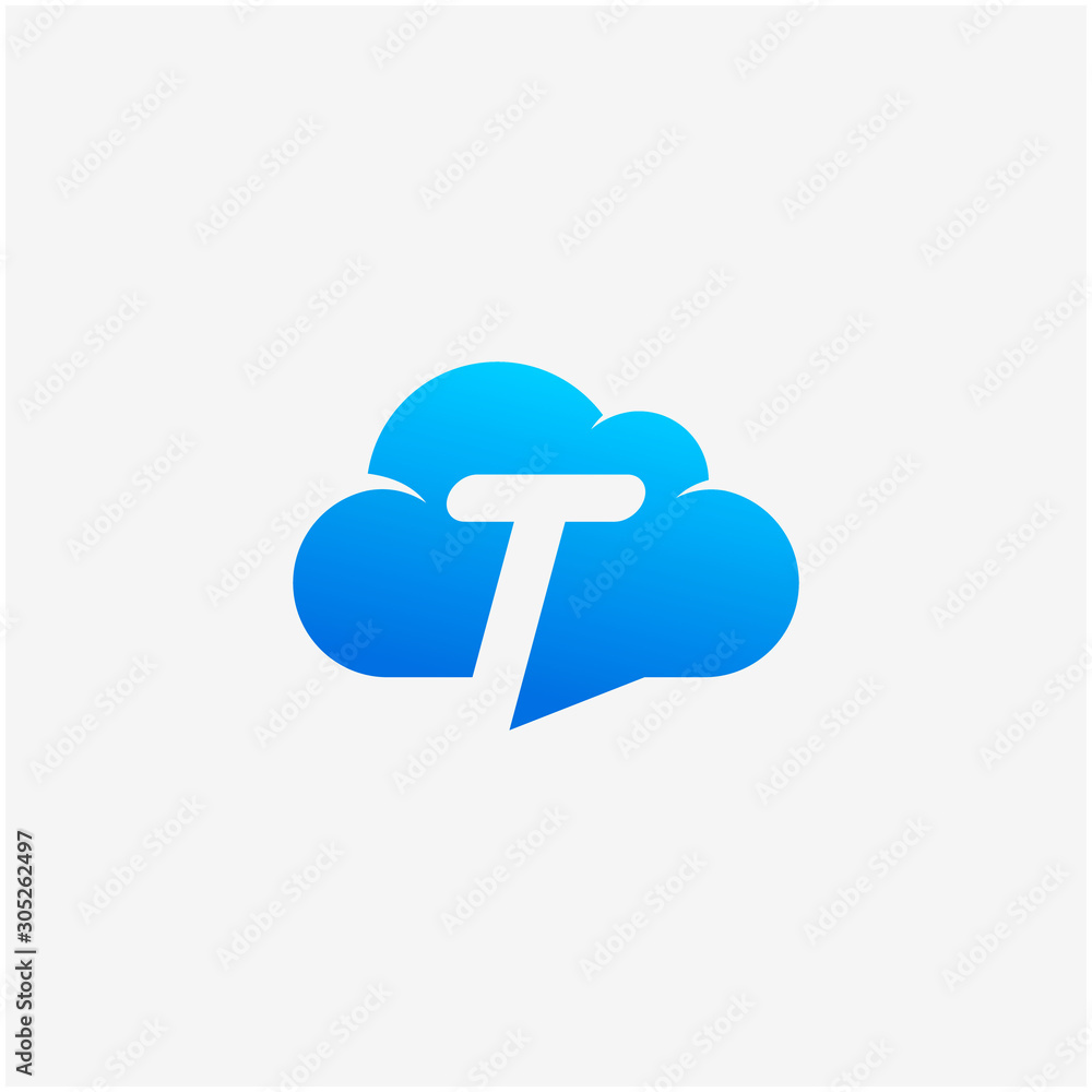 Poster initial letter t negative space in sky cloud, technology hosting domain blockchain server logo desig