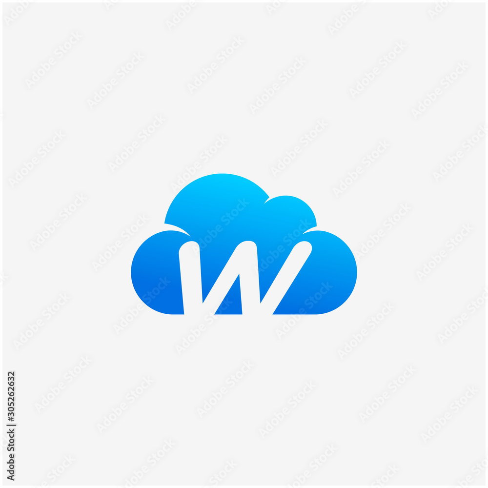 Poster initial letter w negative space in sky cloud, technology hosting domain blockchain server logo desig