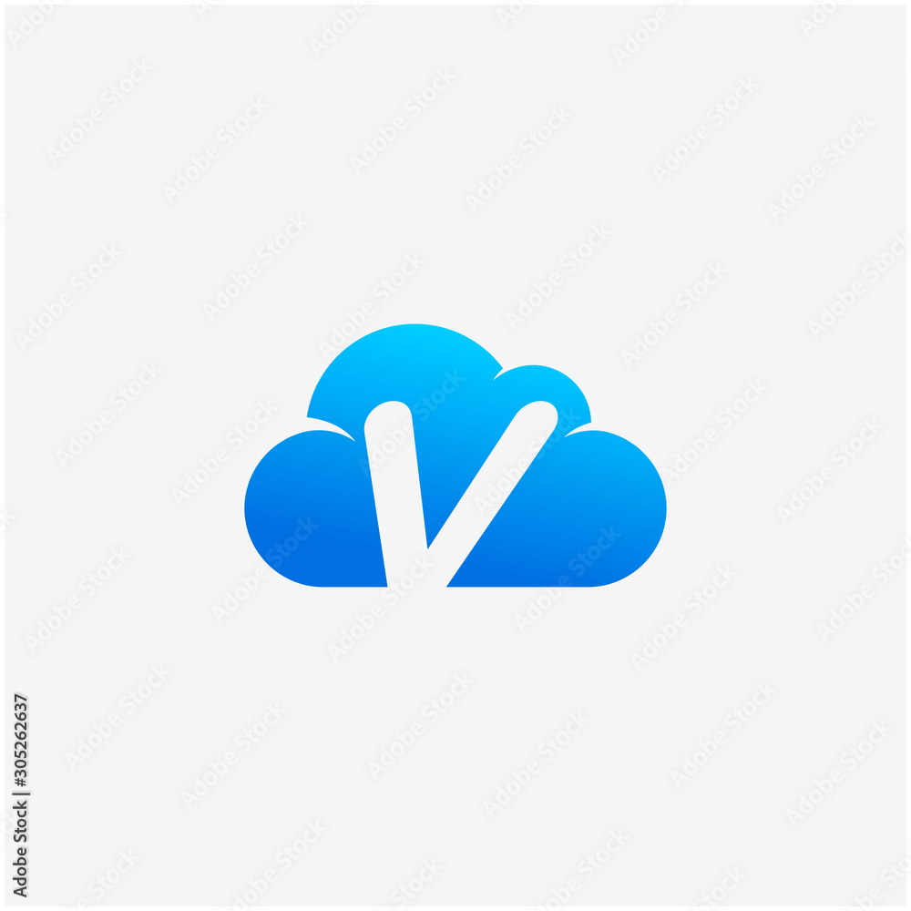 Poster initial letter v negative space in sky cloud, technology hosting domain blockchain server logo desig