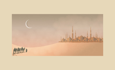 Vector illustration of the Arabian journey with camels through the desert with mosque, Traveler walking through the desert with camels, sand dune, dusk and twilight.With noise and grain texture  