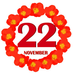 November 22 icon. For planning important day. Banner for holidays and special days with flowers. Twenty second of november icon. Illustration.