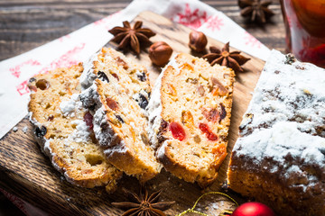 Stollen traditional Christmas ftuitcake with dried fruit and nut