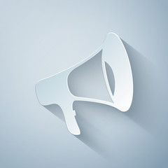 Paper cut Megaphone icon isolated on grey background. Paper art style. Vector Illustration