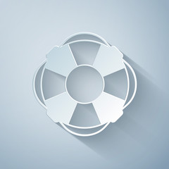 Fototapeta na wymiar Paper cut Lifebuoy icon isolated on grey background. Lifebelt symbol. Paper art style. Vector Illustration