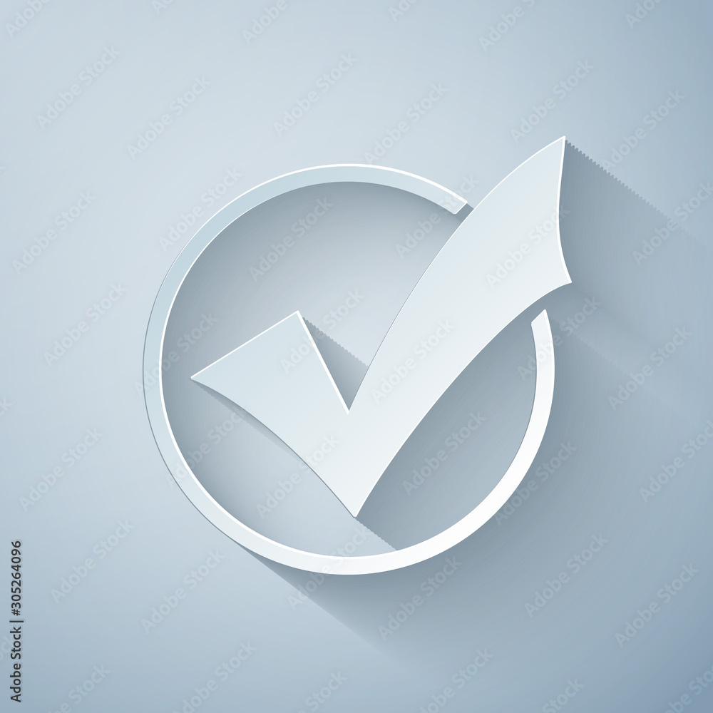 Poster paper cut check mark in round icon isolated on grey background. check list button sign. paper art st