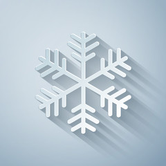 Paper cut Snowflake icon isolated on grey background. Paper art style. Vector Illustration