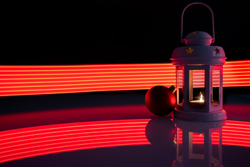 Świąteczna latarenka z Bożonarodzeniową bombką na czarnym i malowanym światłem tle © andsko