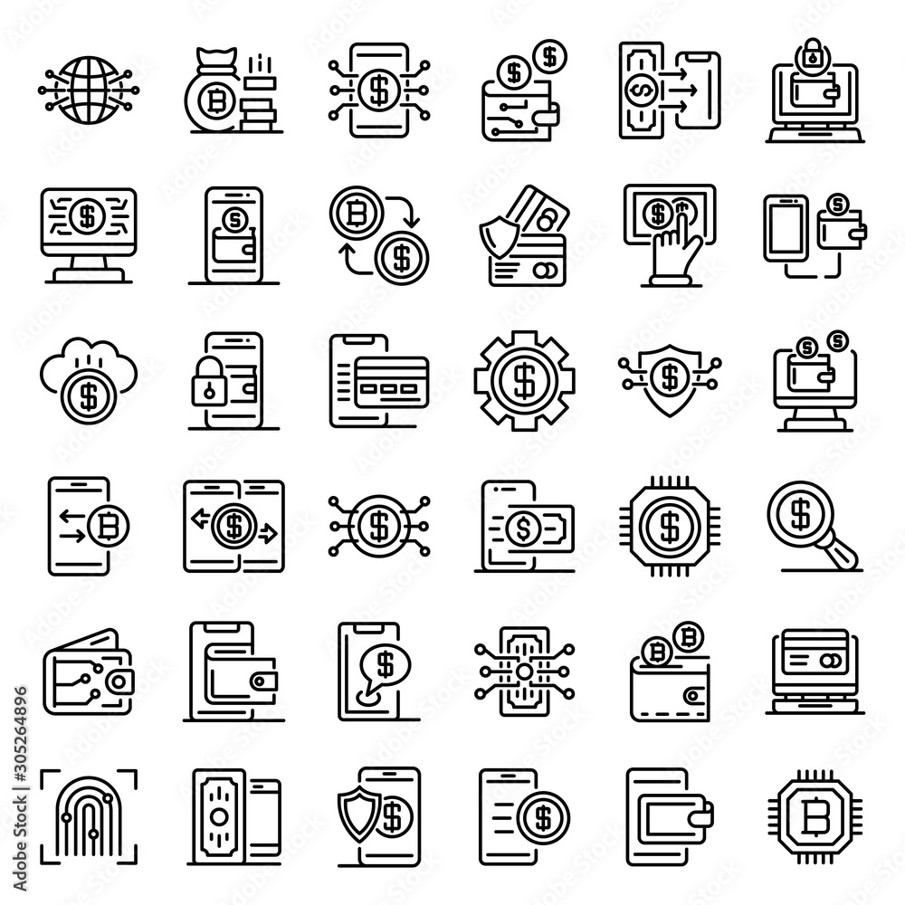 Wall mural digital wallet icons set. outline set of digital wallet vector icons for web design isolated on whit - Wall murals