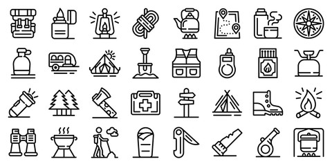 Survival icons set. Outline set of survival vector icons for web design isolated on white background