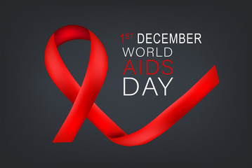 World Aids day. Red awarness ribbon on dark background design with lettering. Vector illustration.