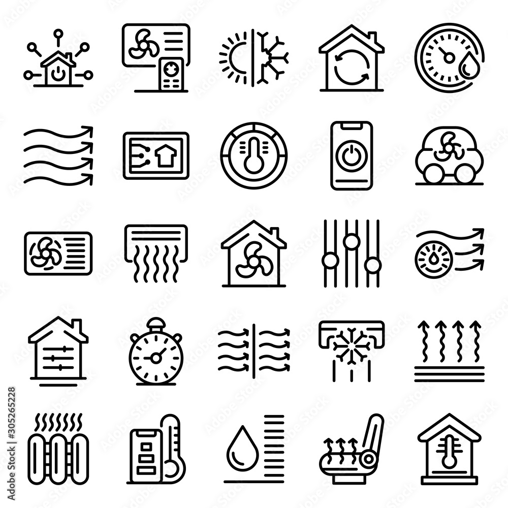 Poster climate control systems icons set. outline set of climate control systems vector icons for web desig