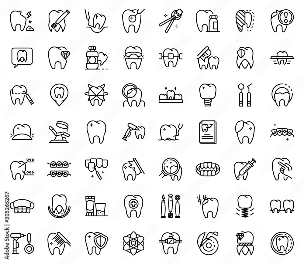 Poster tooth restoration icons set. outline set of tooth restoration vector icons for web design isolated o