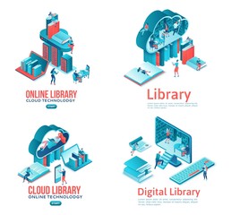 Online library isometric landing page set, people read books on laptop, smartphone, gadgets, cloud computing technolodgy, website template design