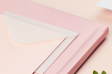 light rose pastel pink planner flatlay book envelope paper card invitation feminine