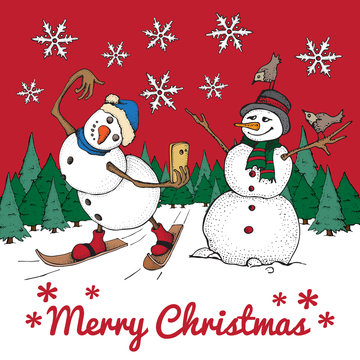 Funny Snowman skiing and Snowman and birds. The character with a smartphone takes a selfie. Merry Christmas and New Year card invitation banner template. Pine forest and snowflakes