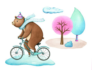 Happy brown bear on a bicycle in a winter background with trees and clouds. Watercolor illustration isolated on white.
