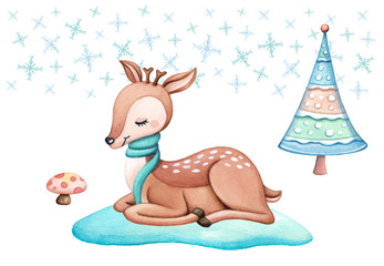 Cute winter animal in the forest. Christmas background with little deer, Christmas tree and snow flakes. Baby reindeer for nursery, child designs, seasonal cards. Watercolor hand painted illustration.