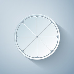 Paper cut Orange in a cut. Citrus fruit icon isolated on grey background. Healthy lifestyle. Paper art style. Vector Illustration