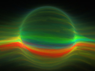 Abstract Spherical Shape 3D Illustration - Colorful gradients of light warped into the shape of a sphere. Brilliant red, green, yellow and blue glowing lights, bending of light, refraction concept