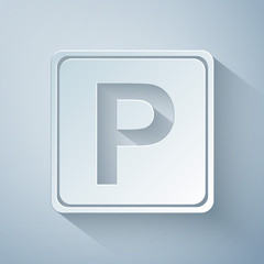 Paper cut Parking sign icon isolated on grey background. Street road sign. Paper art style. Vector Illustration