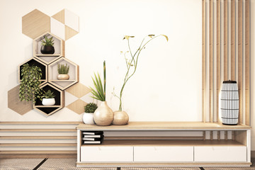 Hexagon Shelf and tiles on wall and cabinet wooden japanese style design in room minimal l.3D rednering