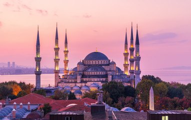 Wonderful Blue Mosque of Istanbul in the purple colors of sunset