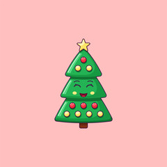 Cartoon kawaii Christmas tree with Smile and Smiling eyes. Cute green Christmas tree with decorations