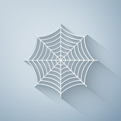 Paper cut Spider web icon isolated on grey background. Cobweb sign. Paper art style. Vector Illustration