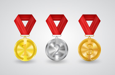 Vector medal set, competition winners, success, triumph or product high quality status emblems. Champion's prize hanging on bright red ribbon. Victory in contest or game, achievement, trophy signs.