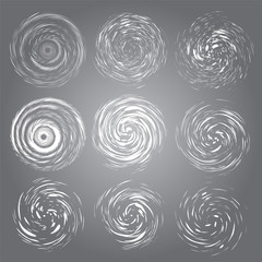 Hurricane swirls set. Vector top view tornado, swirling storm discs of shining stardust sparkles on dark background. Cold weather blizzard funnel, ice storm. Whirlwind winter symbol. - obrazy, fototapety, plakaty