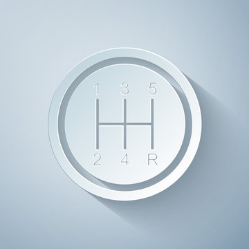 Paper cut Gear shifter icon isolated on grey background. Transmission icon. Paper art style. Vector Illustration