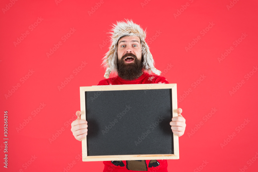 Poster Promotion. Seasonal offer. Presentation concept. Winter announcement. Winter event. Winter holiday. Schedule timing concept. Bearded man blank blackboard copy space. Chalkboard for information