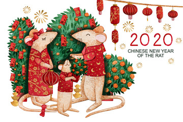 Watercolor Chinese New Year 2020 card with a pair of rats and their baby. Hand-drawn rats in red costumes and with lanterns in hands.Thare are tangerine trees with red envelopes in the background