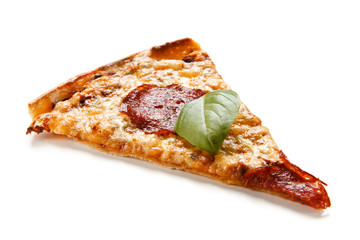 Piece of pizza salami on white background