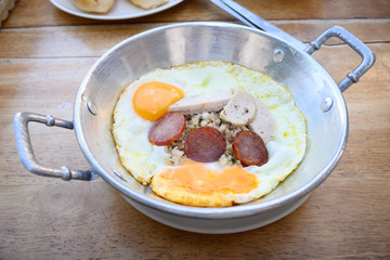 Close up egg pan on table.