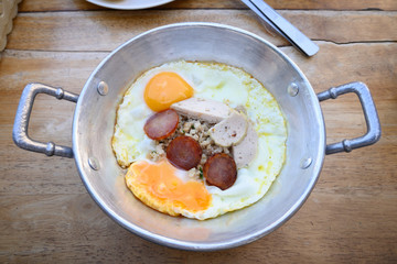 Close up egg pan on table.