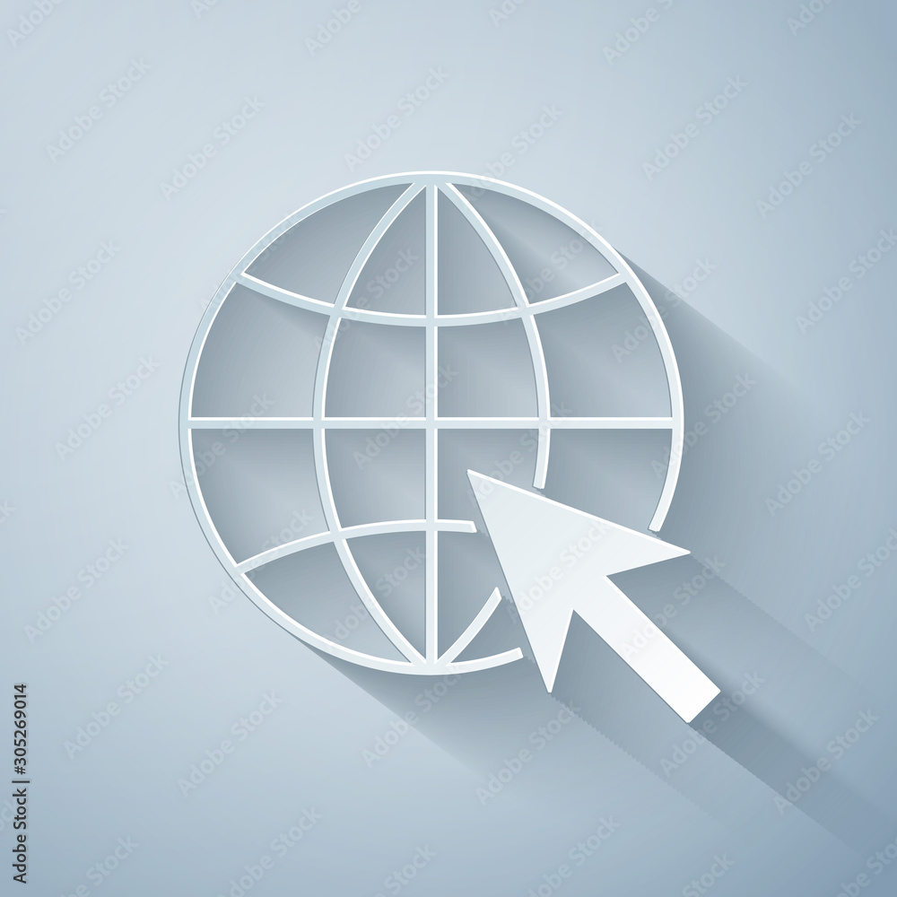 Poster paper cut go to web icon isolated on grey background. globe and cursor. website pictogram. world wid