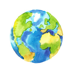 Watercolor hand painted planet Earth isolated on white background. Symbol of life, nature, foundation, ecology, international events. Hand drawn watercolour paint
