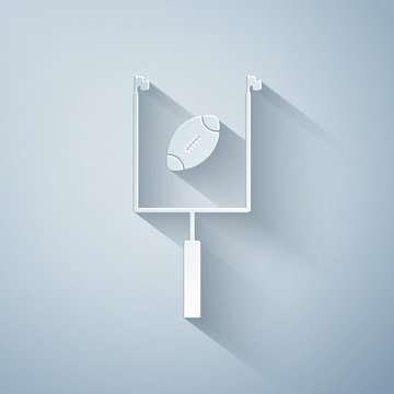 Paper cut American football with goal post icon isolated on grey background. Paper art style. Vector Illustration