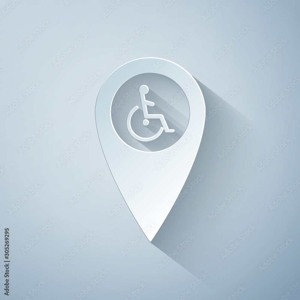 Poster paper cut disabled handicap in map pointer icon isolated on grey background. invalid symbol. wheelch